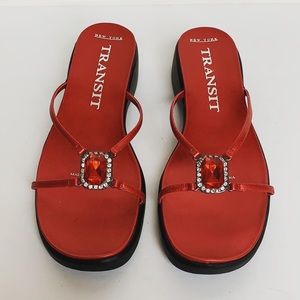 NY TRANSIT Red Platform Sandals w/ Rhinestones